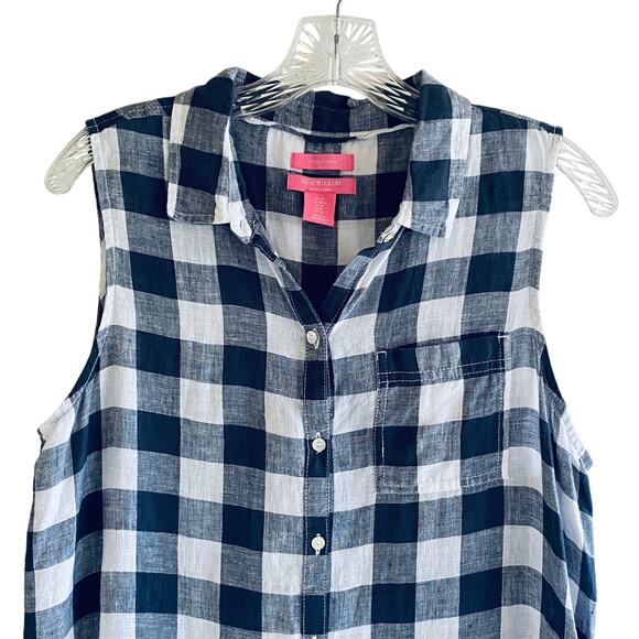 Navy Blue Gingham Checked Linen Button Down Shirt M Sleeveless Isaac Mizrahi - Picture 3 of 11